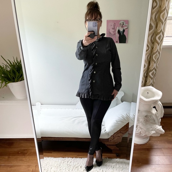 STELLA STARR GREY GRAY FITTED JACKET BUTTONS RUFFLE FLEECE LINED POCKETS - Picture 10 of 10